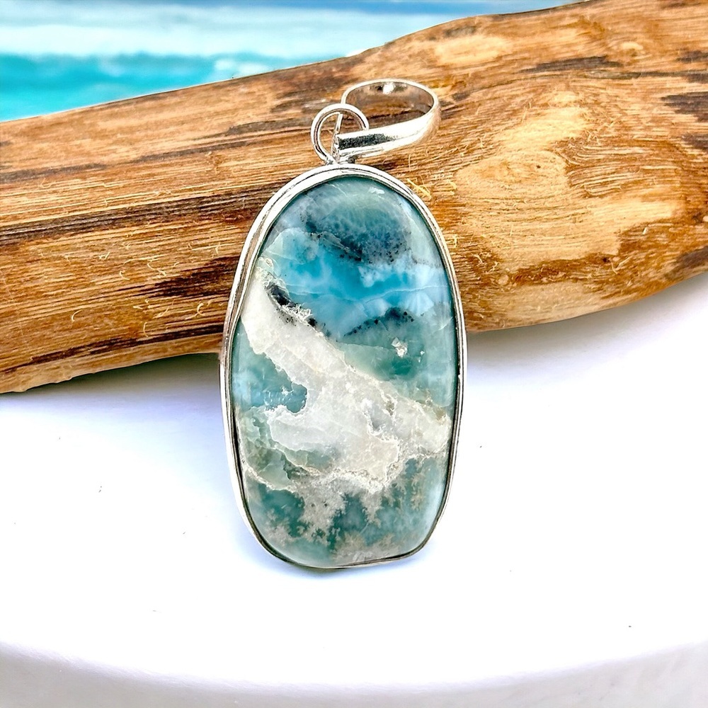 Larimar Natural Caribbean Gemstone 925 Silver Pendant Necklace